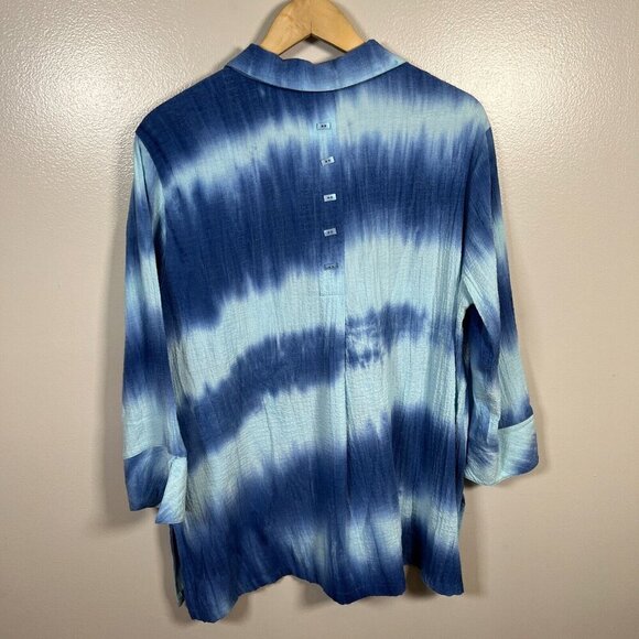 Ali Miles Crinkle Tunic Button Up Top Size Large Blue Tie Dye Artsy Art to Wear - Picture 2 of 11
